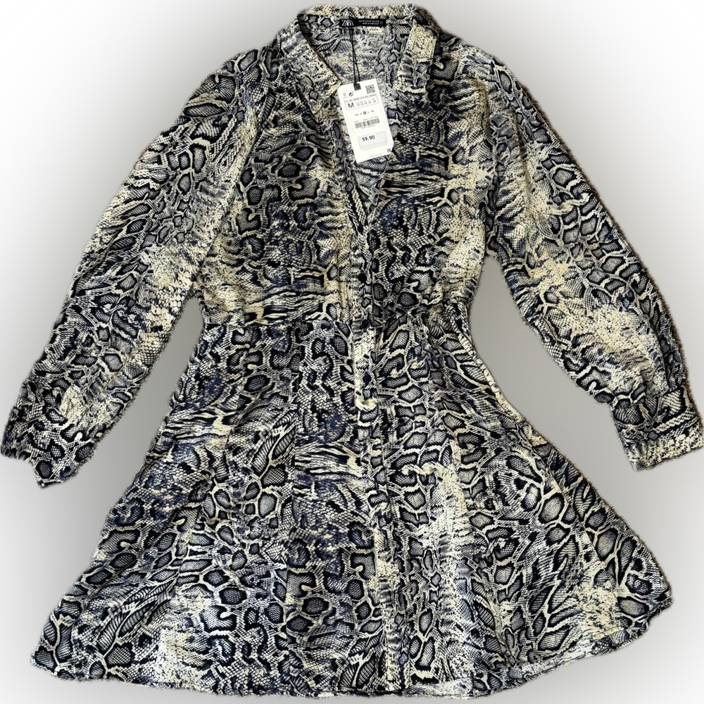 169. Zara Snakeskin Pattern Dress in Black and Cream, Size M, NWT
